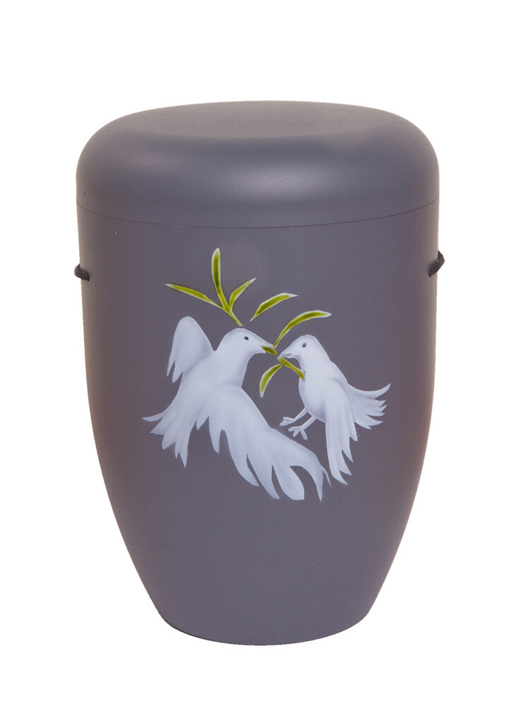 Naturfaser Urne grau mit Friedenstauben – F111