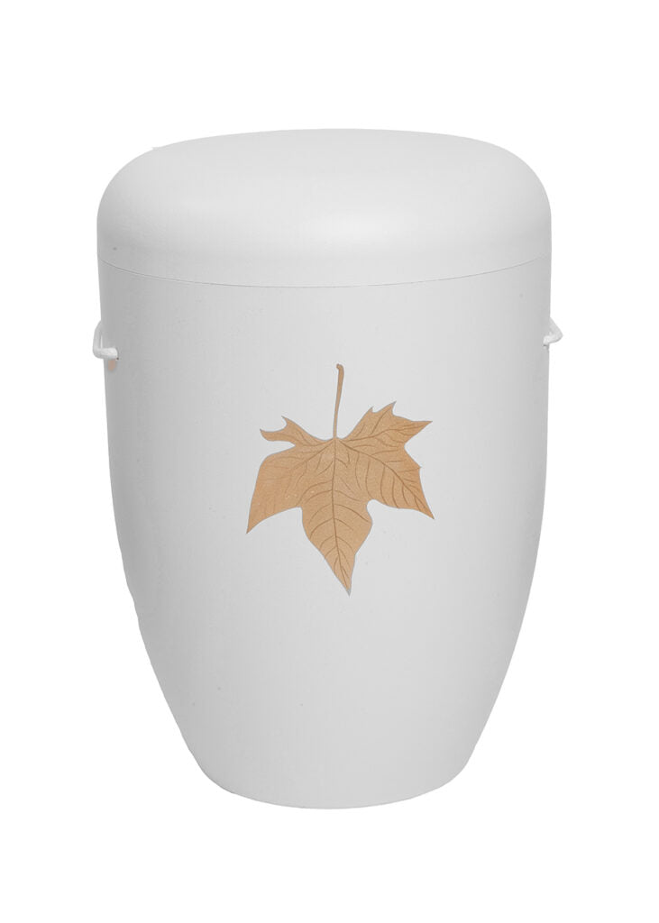 Naturfaser Urne weiß mit Ahornblatt in gold – F40