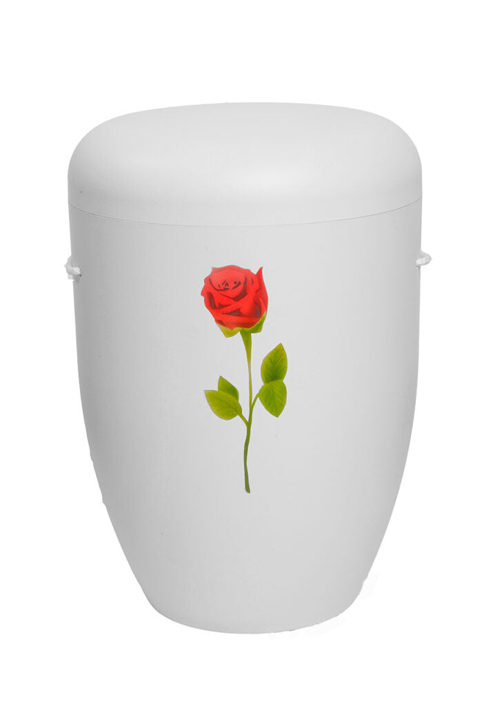 Naturfaser Urne weiß mit Rose, handgefertigt – F60